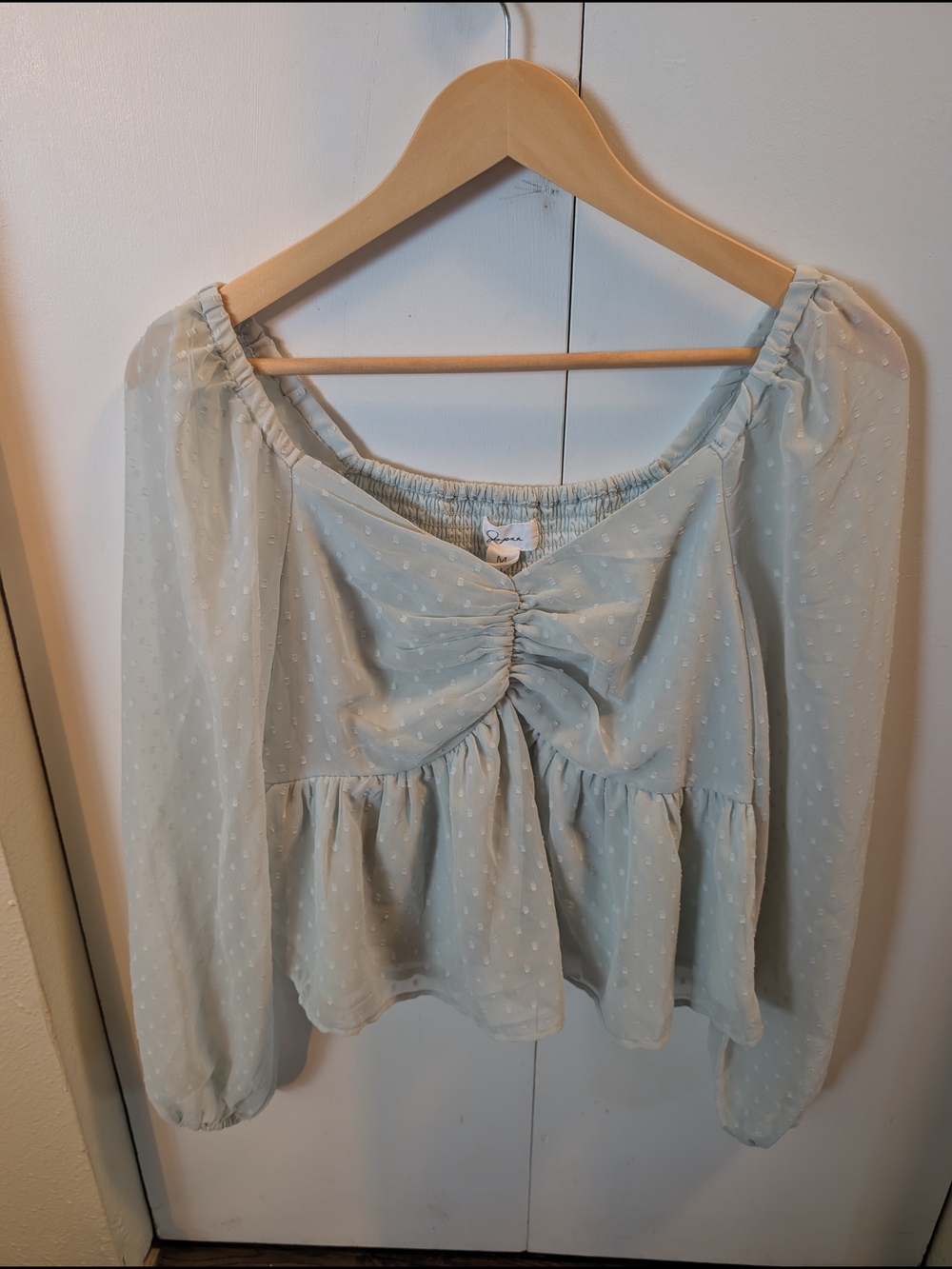 Light Sage Dot Babydoll Blouse with Front Ruched Detail
